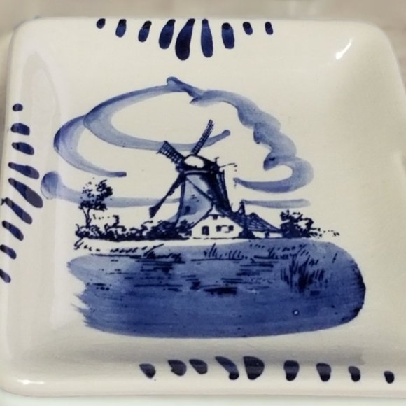 Delft Blue Square Ashtray Vintage Collectible Hand Painted Windmill Trinket Dish - Picture 5 of 5